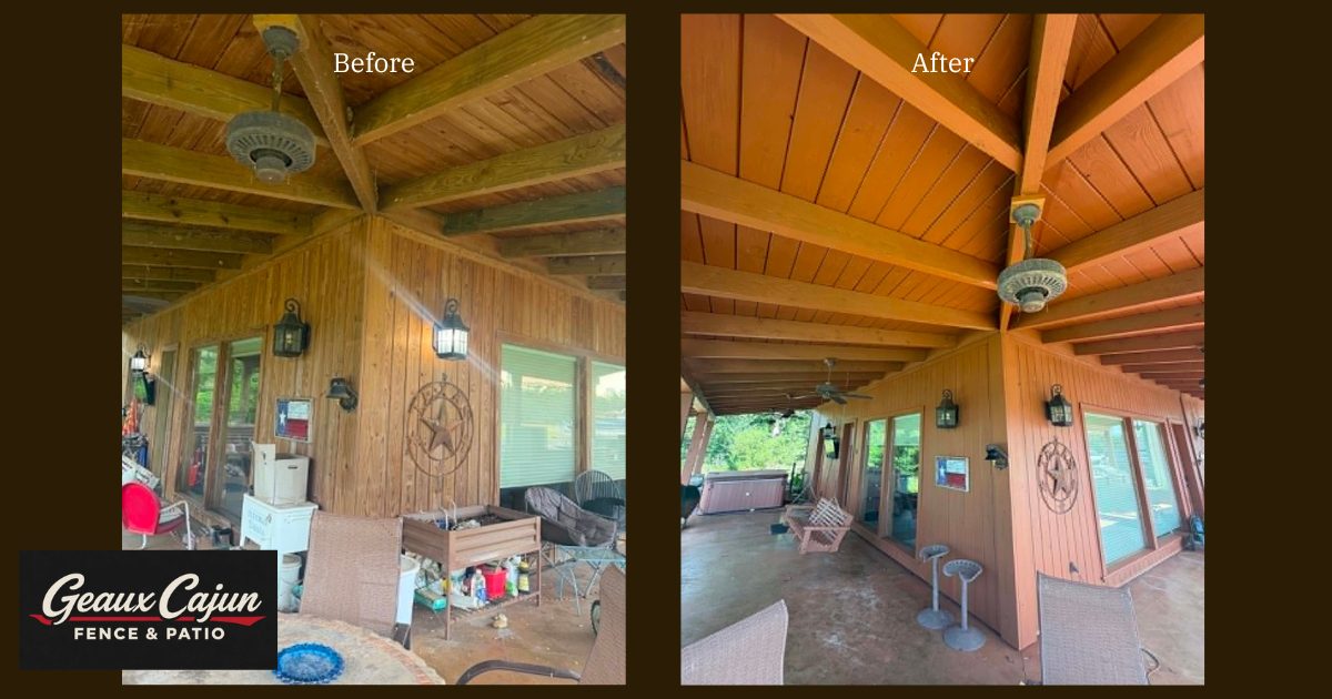 Covered patio staining — before & after — Shreveport Bossier City LA